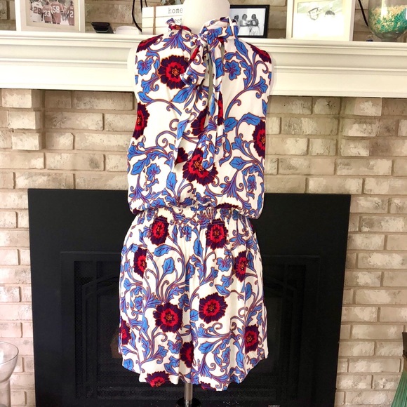 Gibson Floral Elastic Waist High Ruffle Neck Sleeveless Romper size Large - Picture 6 of 15